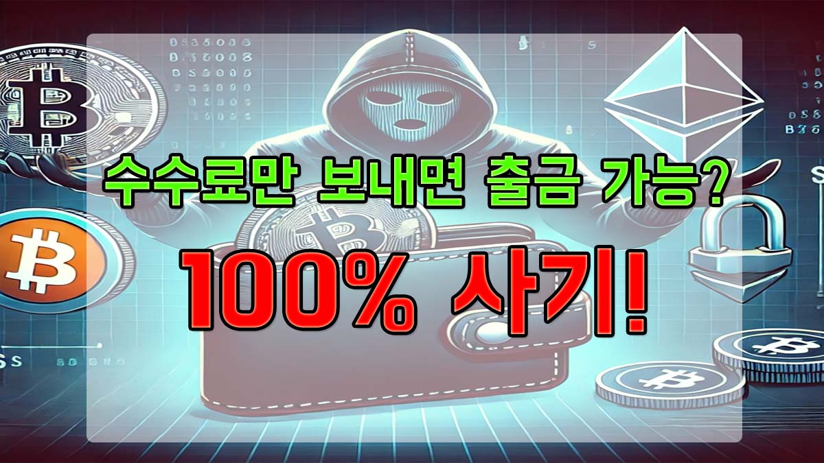 가상자산 사기를 경고하는 이미지 - 후드 쓴 해커가 비트코인과 이더리움을 조작하는 모습, 잠긴 가상지갑이 강조됨.