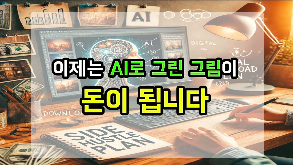 AI 이미지 생성 부업을 표현한 책상 위 컴퓨터 화면과 'AI로 그린 그림이 돈이 됩니다'라는 문구가 적힌 썸네일 이미지