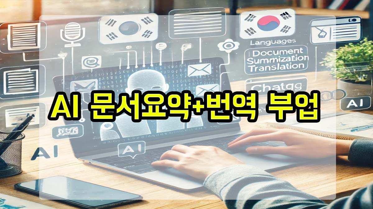 AI를 활용한 문서 요약 및 번역 부업을 표현한 노트북 작업 이미지