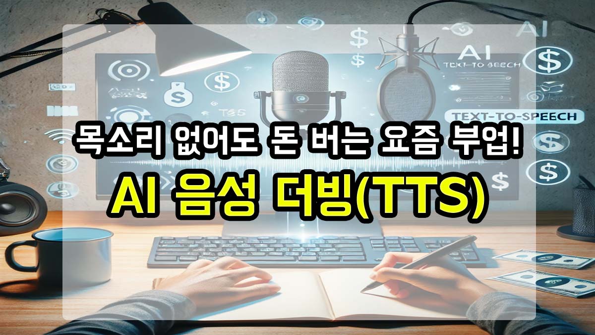 AI 음성 더빙 부업을 표현한 마이크, 텍스트-투-스피치 화면, 부업 문구가 포함된 이미지