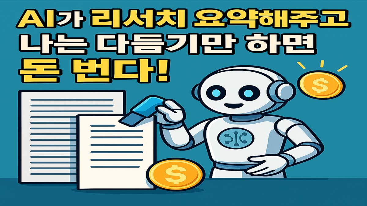 AI 로봇이 리서치 요약 문서를 정리하고 있는 모습과 'AI가 리서치 요약해주고 나는 다듬기만 하면 돈 번다!'는 문구가 있는 일러스트 썸네일