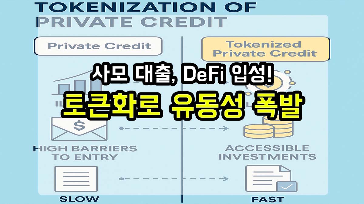 전통 사모 대출과 토큰화된 대출의 차이를 비교한 인포그래픽 위에 '사모 대출, DeFi 입성! 토큰화로 유동성 폭발' 문구가 강조된 이미지