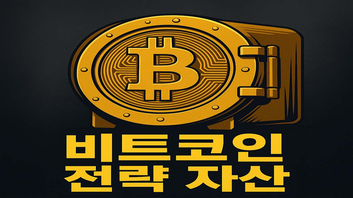 비트코인 심볼이 새겨진 금고와 '비트코인 전략 자산'이라는 한국어 텍스트가 함께 있는 일러스트 이미지