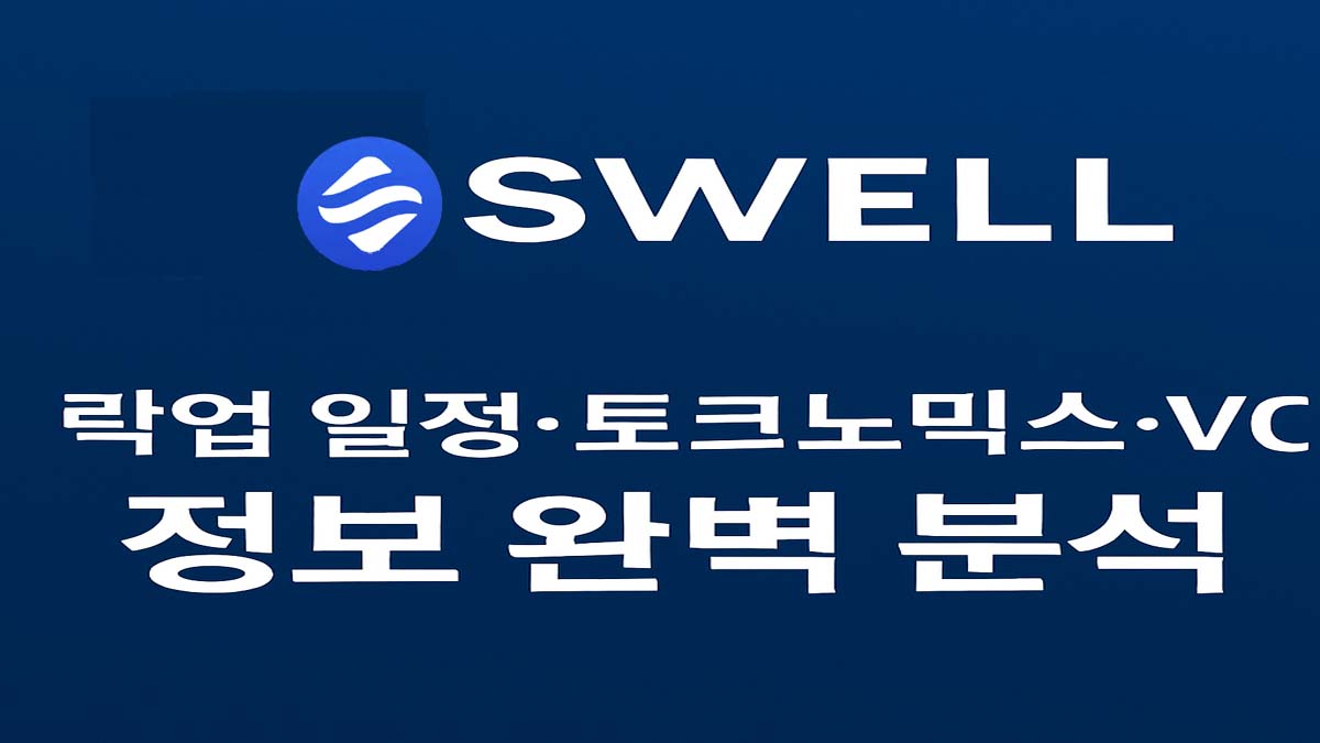 파란색 배경 위에 SWELL 로고와 함께 '락업 일정·토크노믹스·VC 정보 완벽 분석'이라는 텍스트가 강조되어 있는 이미지