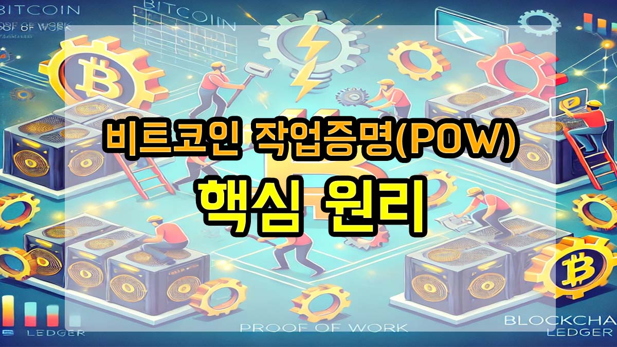 비트코인 작업증명(Proof of Work, POW)의 핵심 원리를 시각적으로 설명한 삽화