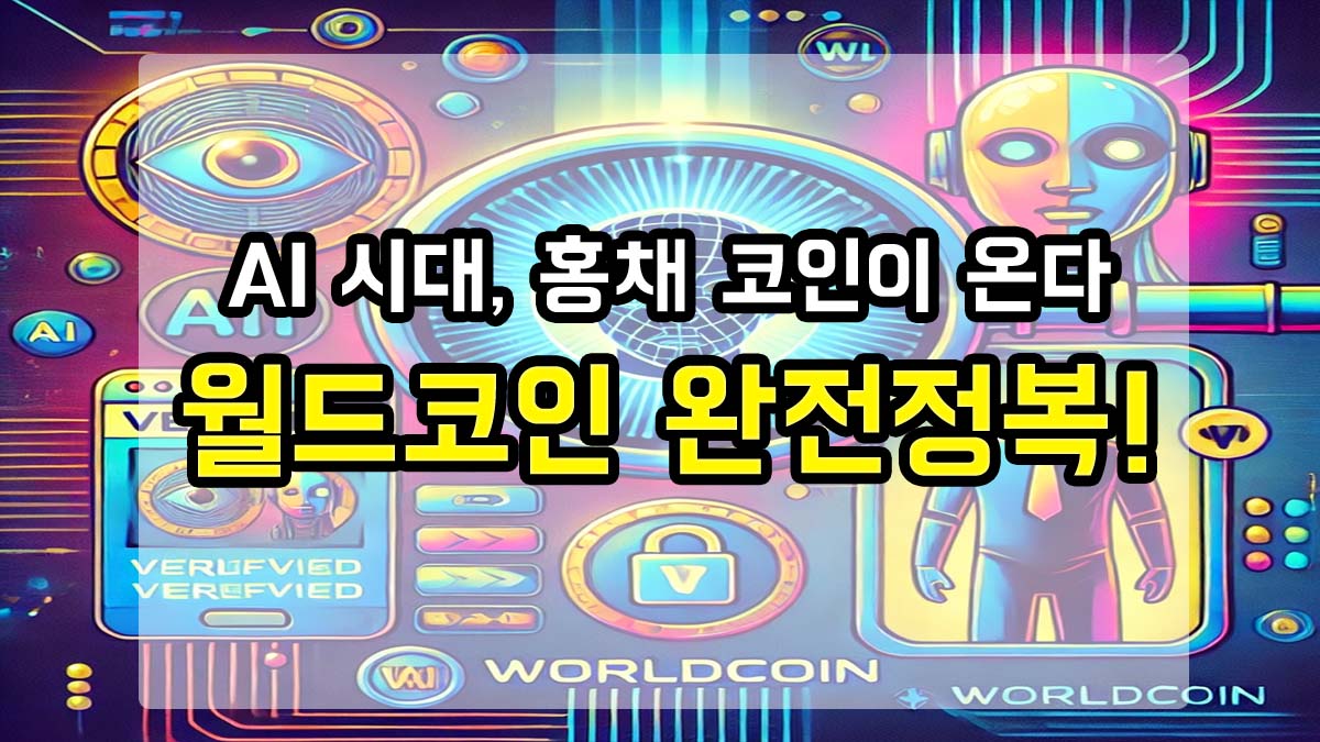"AI와 홍채 인식을 결합한 월드코인 개념을 설명하는 디지털 일러스트. 중심에는 '월드코인 완전정복!'이라는 강조 문구가 있으며, 오르브 스캐너와 인간 형태의 AI 로봇, 신원 인증 UI가 표현되어 있음