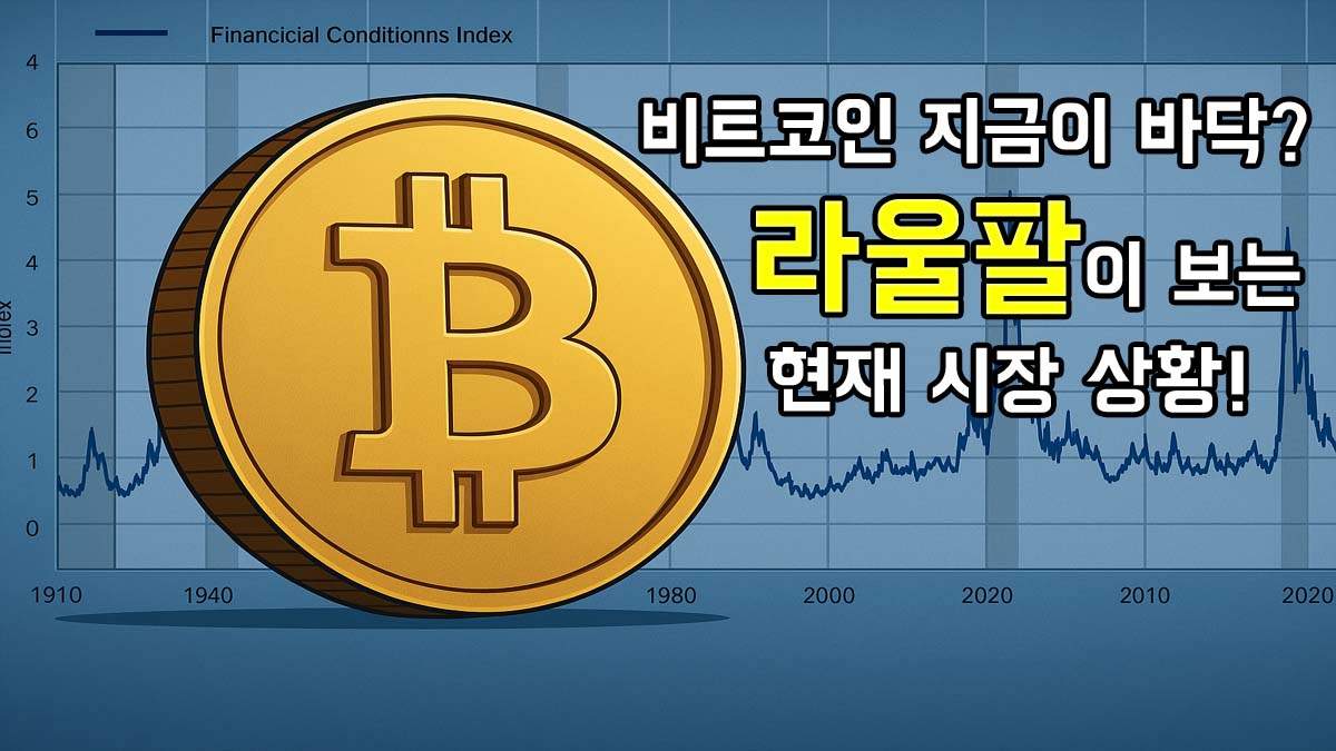 비트코인 가격과 금융 조건 지수를 배경으로 한 썸네일 이미지, 라울 팔 분석 내용 포함