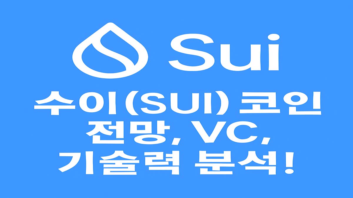 수이(SUI) 코인의 로고와 함께 "수이(SUI) 코인 전망, VC, 기술력 분석!"이라는 문구가 중앙 정렬로 배치된 파란색 배경의 썸네일 이미지
