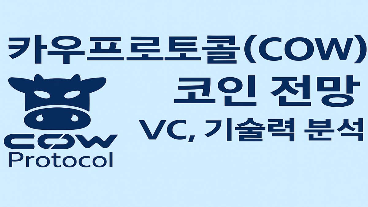 카우프로토콜(Cow Protocol)의 로고와 함께 '카우프로토콜(COW) 코인 전망, VC, 기술력 분석'이라는 문구가 담긴 썸네일 이미지. 연한 하늘색 배경에 진한 파란색 글씨로 구성되어 있음.