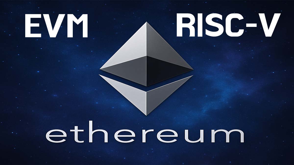 이더리움 로고를 중심으로 좌측엔 EVM, 우측엔 RISC-V 문구가 배치된 배경 이미지
