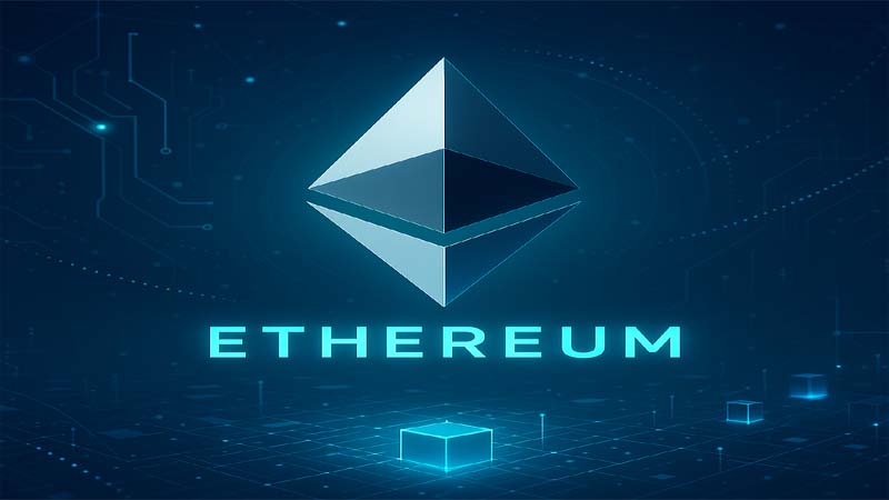 이더리움 로고가 중심에 배치된 디지털 블록체인 배경 이미지