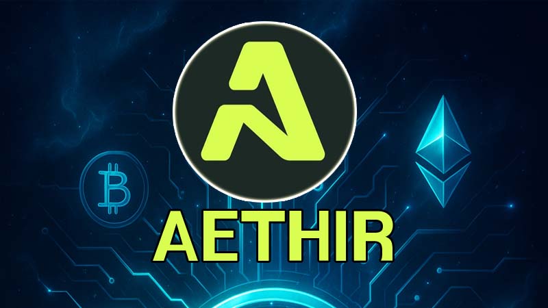 Aethir 로고와 비트코인, 이더리움 심볼이 있는 블록체인 테마 배경 이미지
