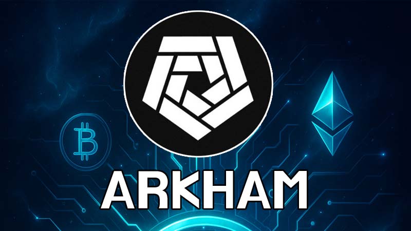 ARKHAM 코인 로고와 배경에 비트코인 및 이더리움 아이콘이 함께 있는 이미지